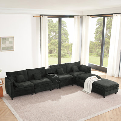 Canapé modulaire modulaire en L avec méridienne réversible, port USB, tiroir de rangement, console avec porte-gobelet rabattable, poches pour accoudoirs et coussins amovibles