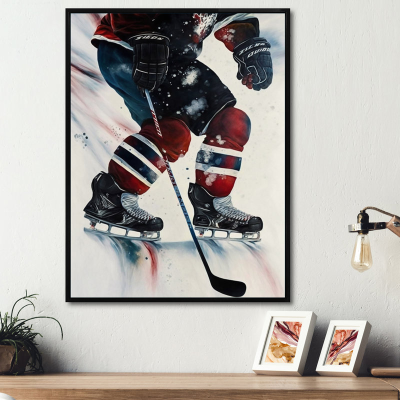 Hockey sur glace pendant le match II - reproduction sur toile, H 32 po x l 16 po x P 1 po, Cadre flottant noir