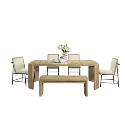 7Pc Extendable Dining Table Set, 6 Beige Chairs, Solid Wood Oak Brown