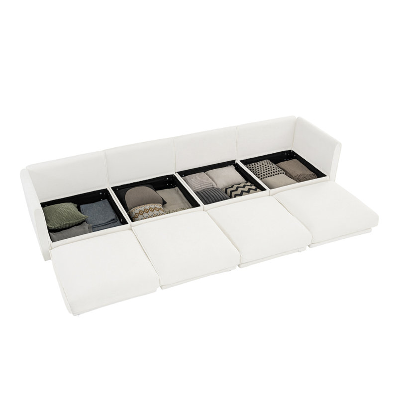 Stylish Modular Sofa With Storage, White Chenille