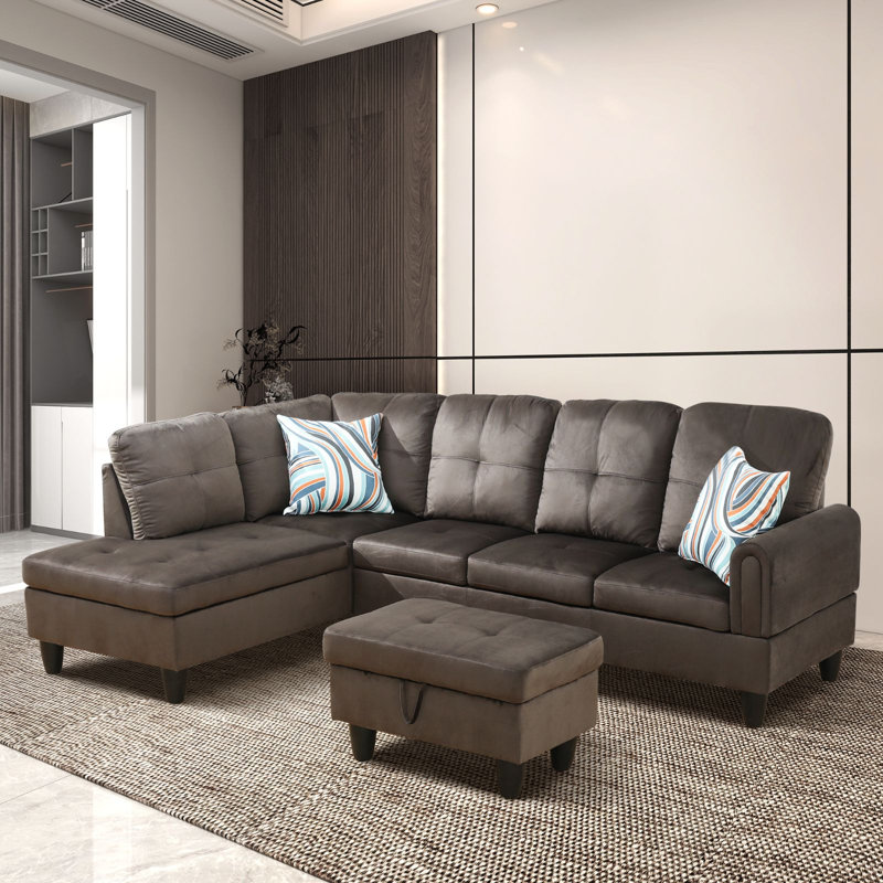 Straton 3 - Piece L-Shaped Modular Living Room Sectional Sofa with Ottoman,  Left Hand Facing, Dark Brown Velvet