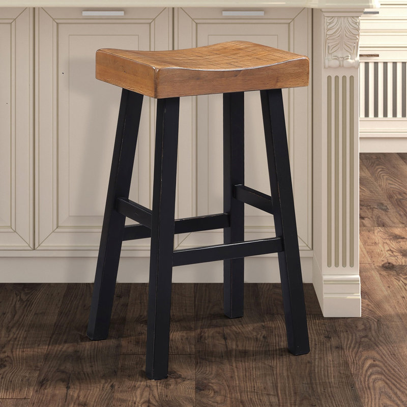 Tabouret traditionnel de 2 pièces, H 29 po, bois massif, chêne / noir, siège profilé pour maison principale 29 po, bois transitionnel chêne / noir