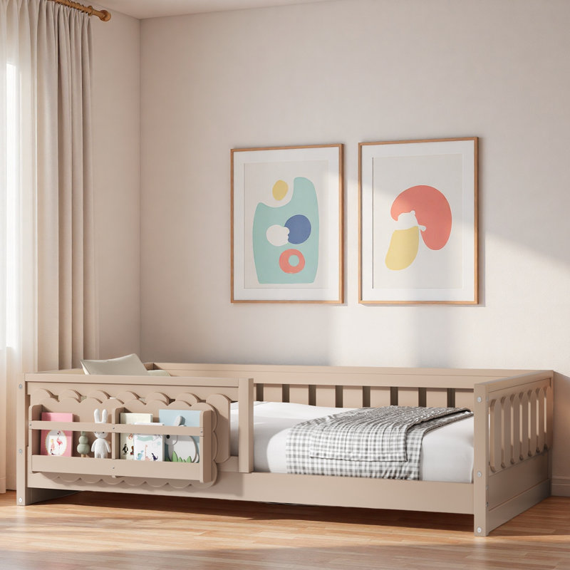 Lit plateforme en bois avec garde-corps et tablettes de rangement, Lit simple