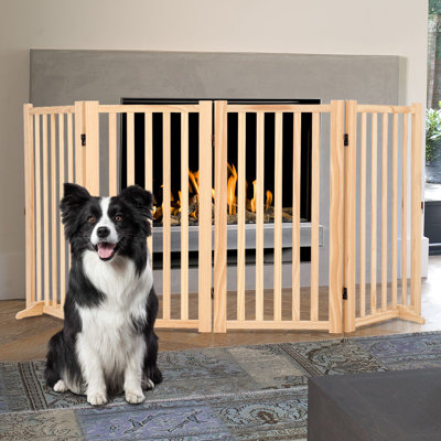 Freestanding 4-Panel Wooden Dog Gate, Foldable Adjustable Pet Barrier with Support Feet, Non-Slip Pads 90cm Height, Extendable up to 203cm, Non-Slip Indoor Pet Fence