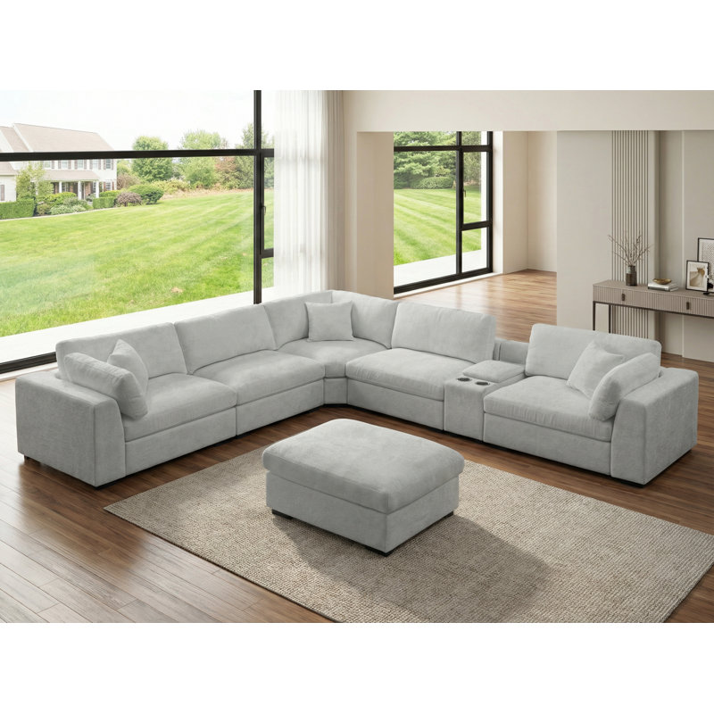 Modern Reversible Sectional Sofa 6-Seats Comfy Modular Couch With Large Ottoman, Storage & Cup Holder & USB Charging