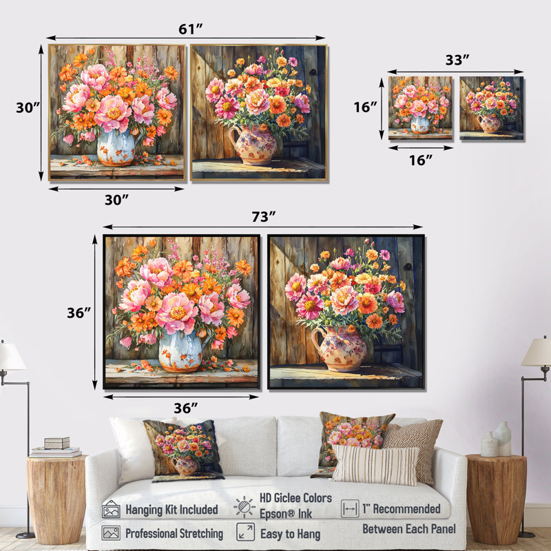 Coucher de soleil pivoines assorties - Bouquets assortis - art mural traditionnel sur toile, 2 pièces, Cadre flottant