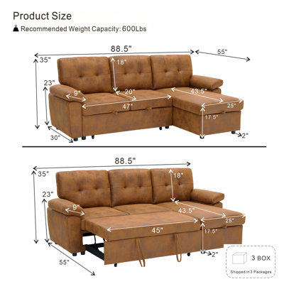 L-Shape Pull-Out Sectional Sofa Bed with Storage Chaise