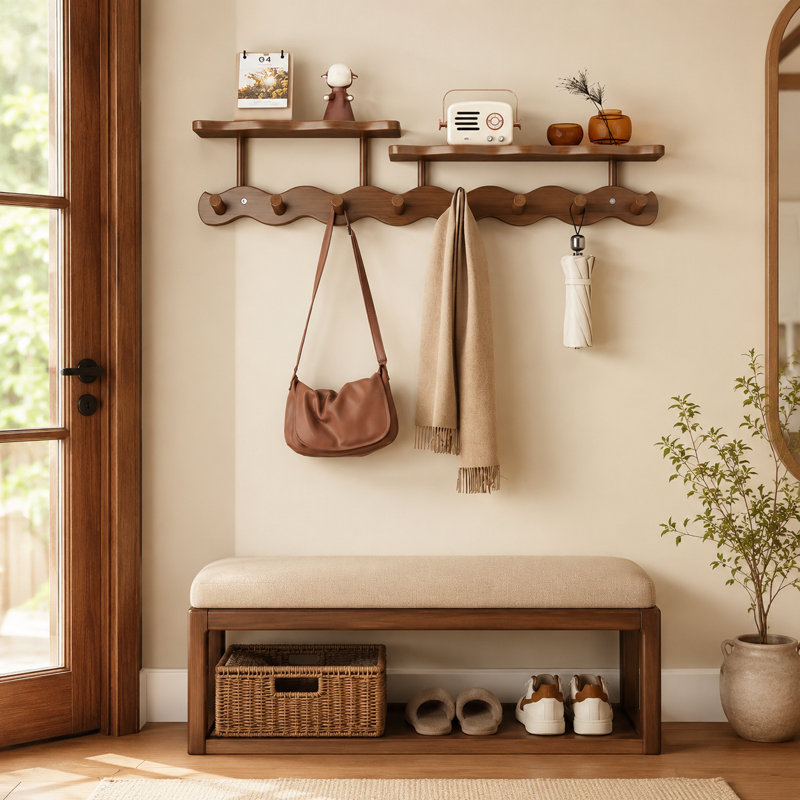 Portemanteau mural en bois massif de 28,35 po de largeur avec tablette et crochets, Brown