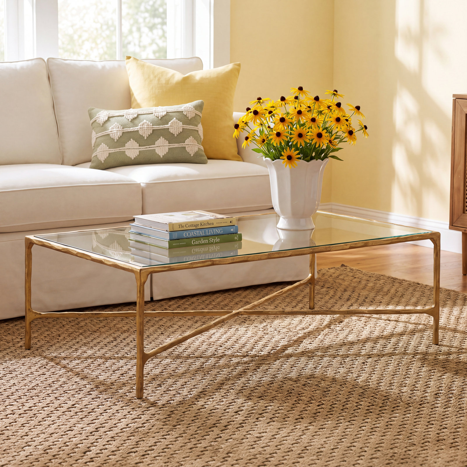 Evelynn 48" Coffee Table, Brass, Clear