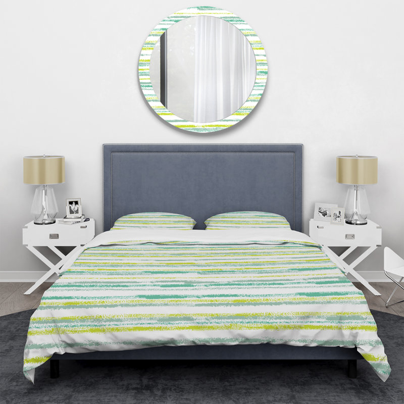 Motif à rayures blanches et vertes - Ensemble de housse de couette abstrait - Microfibre de polyester