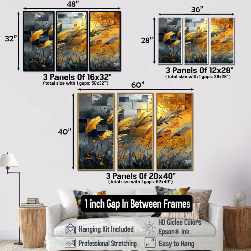 Or et gris graminées vents - ensemble d'art mural prairie, H 28 po x l 36 po x P 1 po, Toile avec cadre flottant noir