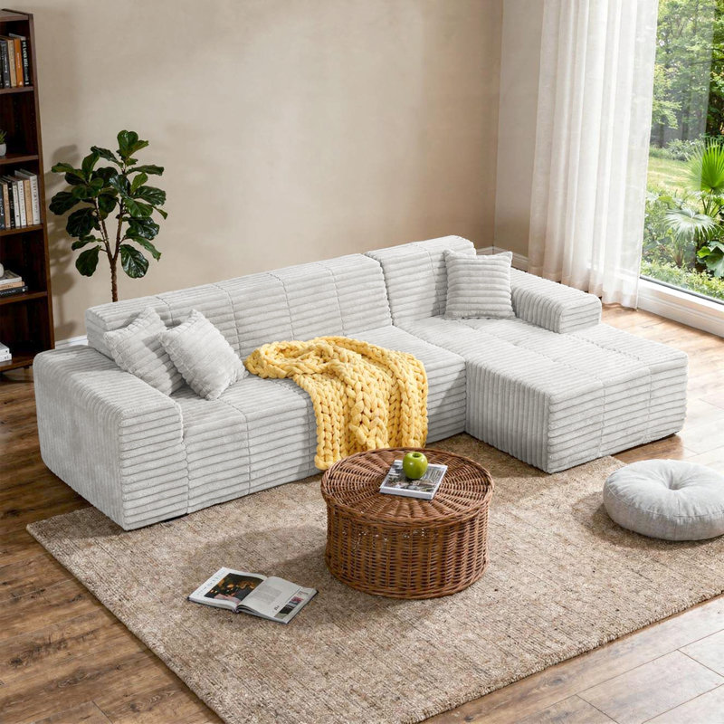 Upholstered 2-Piece Light Gray Faux Rabbit Fur Flannel Sofa With Pillows – All Foam Compressed And No-Assembly Modular Design