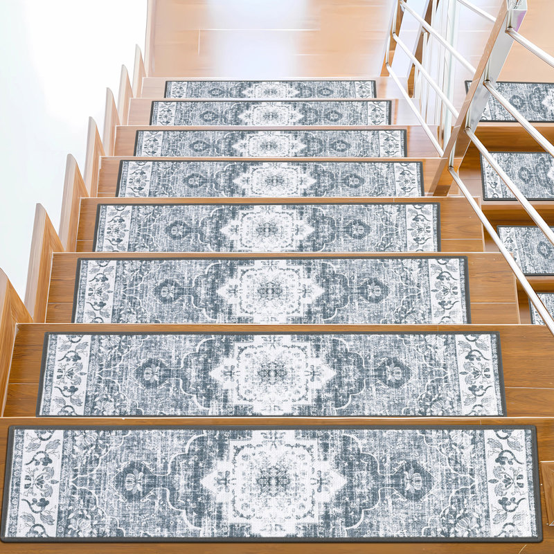 Tapis d'escalier intérieur antidérapant (ensemble de 15), Bleu/Ivoire