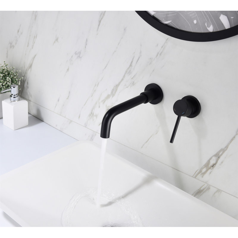 Wall Mounted Bathroom Sink Single Lever Handle Faucet With Pop-Up Drain (No Overflow), Matte Black