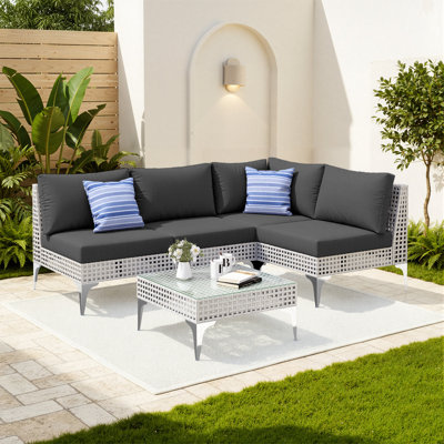 Outdoor Patio L-Shaped Sectional Conversation Set with Cushions, Modern Open-Weave Wicker Sofa Seating for Backyard, Garden & Deck