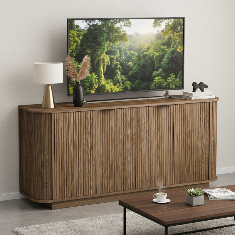 63"Wavy Double-Door Sideboard with Adjustable Shelves, Suitable for Kitchen, Living Room, Hallway, Brown