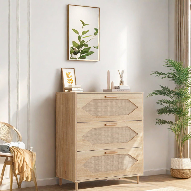 Commode 3 tiroirs pour la chambre à coucher, commode moderne en rotin