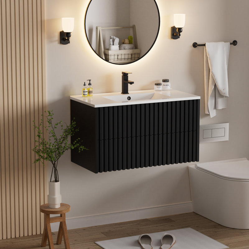 36" Wall Mounted Bathroom Vanity Set With Sink Top, Faucet And Drain, Floating Cabinet, Black