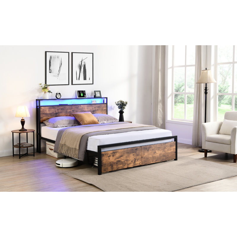 Queen Size Metal Bed With Led Lights, Charging Ports, Spacious Storage, Construction Storage And , Rustic Look, Platform, Noise-