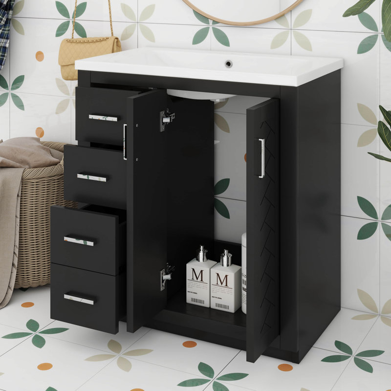 30 Inch Bathroom Vanity With Ceramic Sink, 3 Drawers And 2 Doors, Freestanding Bathroom Vanities, Soft Closing, Solid Wood Frame