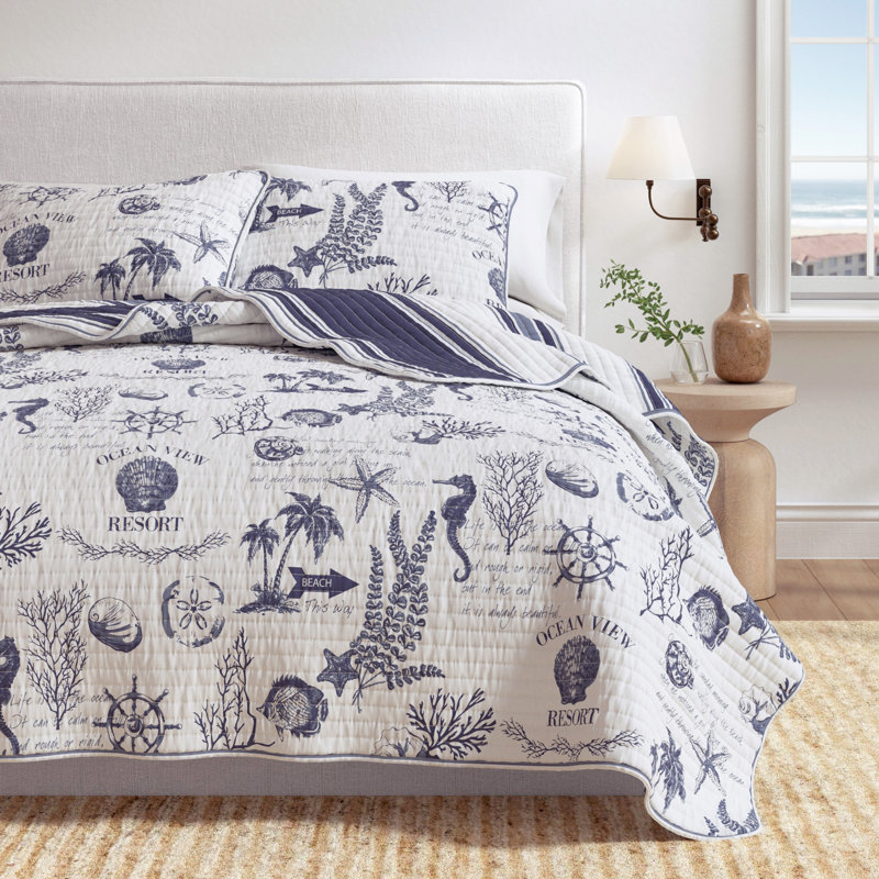 Navy Nautical Cotton Quilt Set, Full/Queen Quilt + 2 Shams