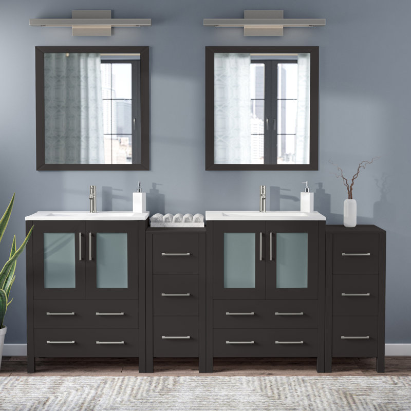  Meuble-lavabo autoportant moderne à double cuve 72 po avec plateau en céramique et miroirs assortis, Espresso