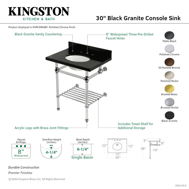 Kingston Brass Templeton 30-Inch Black Granite Console Sink with Acrylic Legs and Shelf (8-Inch, 3-Hole)