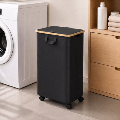 Large rolling laundry hamper with wheels and lid, 26‑gallon (100L) clothes basket built with bamboo handle for bedroom, bathroom, dorm and laundry room storage