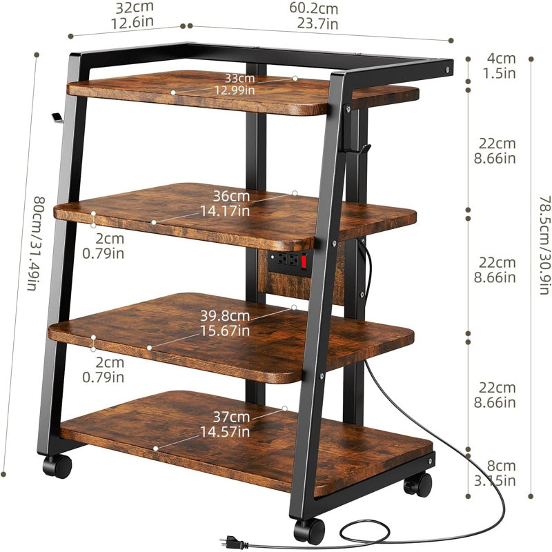 Mobile Media Stand With Built-In Power Outlets & USB Ports, 4-Tier Rolling TV Console With Locking Casters For Gaming, Stereo, And Electronics, Sturdy Metal Frame