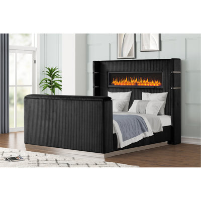 Lavish Modern Style King Bed Made With Fireplace In Headboard & TV Stand In Footboard With Wood In Black