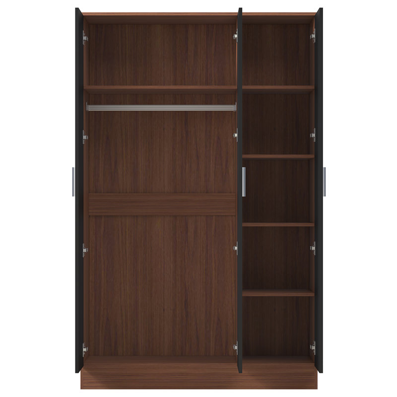 Eva High Gloss Mirrored 3 Door Wardrobe - H: 180cm x D: 47cm x W: 113cm, Walnut/Gloss Black