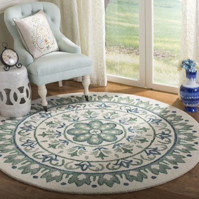Round Kenmure Oriental Hand Tufted Wool Ivory/Teal Area Rug