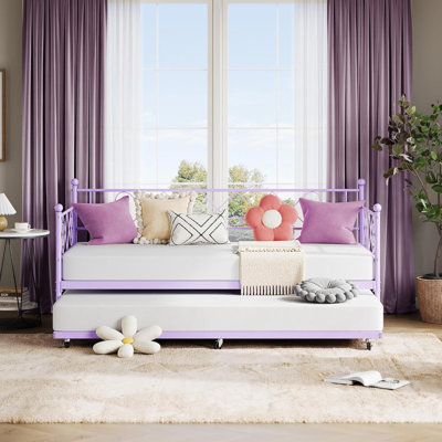 Daybed with Trundle, Twin Metal Bed with Heart Headboard & Steel Slat Support for Bedroom & Living Room by Winston Porter