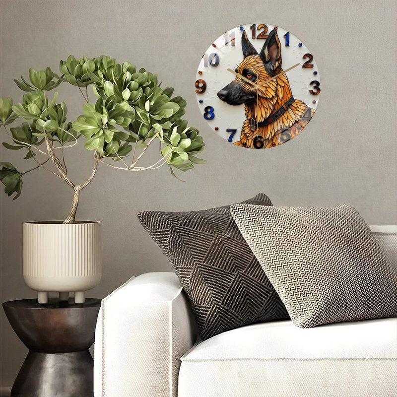 Horloge murale silencieuse en verre trempé de 30 cm, motif berger allemand, sans tic-tac, fonctionne avec des piles AA (non incluses), décoration artistique pour la maison.