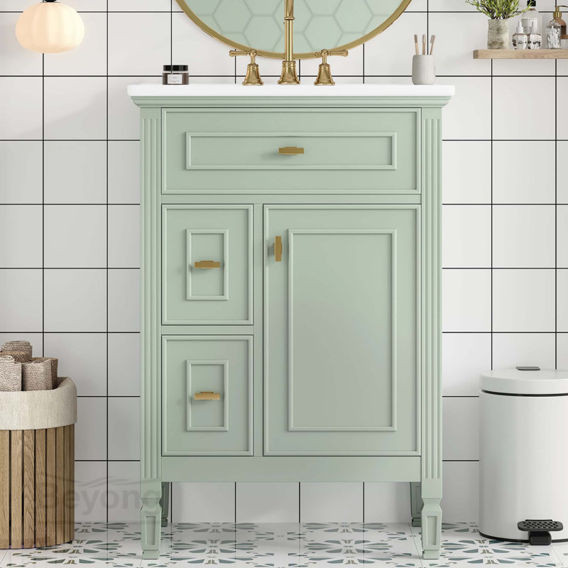 Meuble-lavabo de 24 pouces avec lavabo, armoire en bois massif et panneau de fibres à densité moyenne avec un tiroir rabattable, deux tiroirs standard et une tablette réglable, meuble-lavabo vert autoportant pour le rangement de la salle de bain