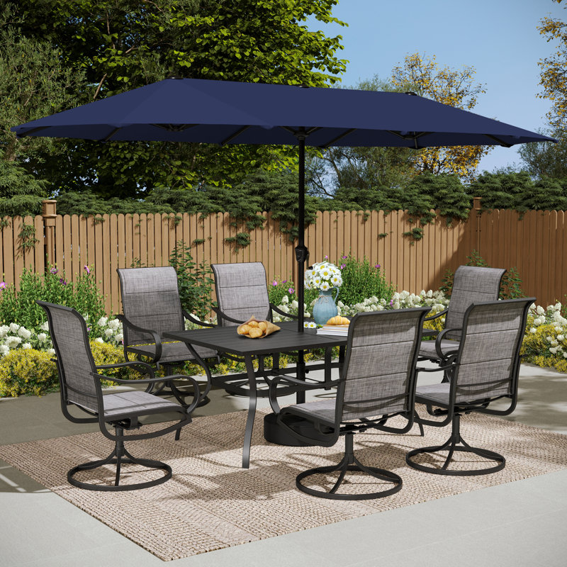 Ensemble de salle à manger rectangulaire en métal pour 6 personnes avec parasol, Marine