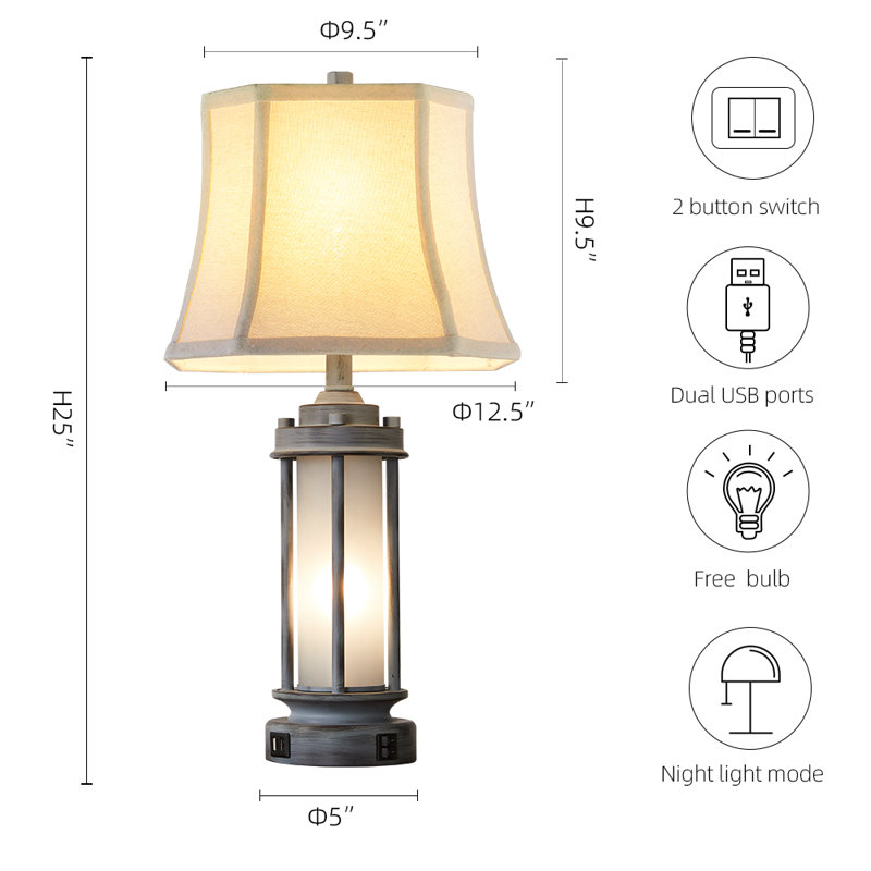 25" Latwanda Table Lamp Set With Night Light And USB Ports, Grey