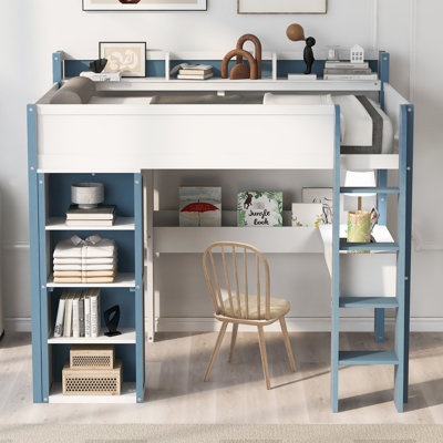 Full Size Wood Loft Bed With Desk And Adjustable Storage In White + Blue - Contemporary Style, Stable Structure, Quick Assembly Shelves Clothes Rail Base, Setup