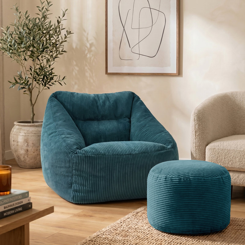 icon Natalia Large Beanbag and Round Footstool Corduroy Navy Blue, Teal Green