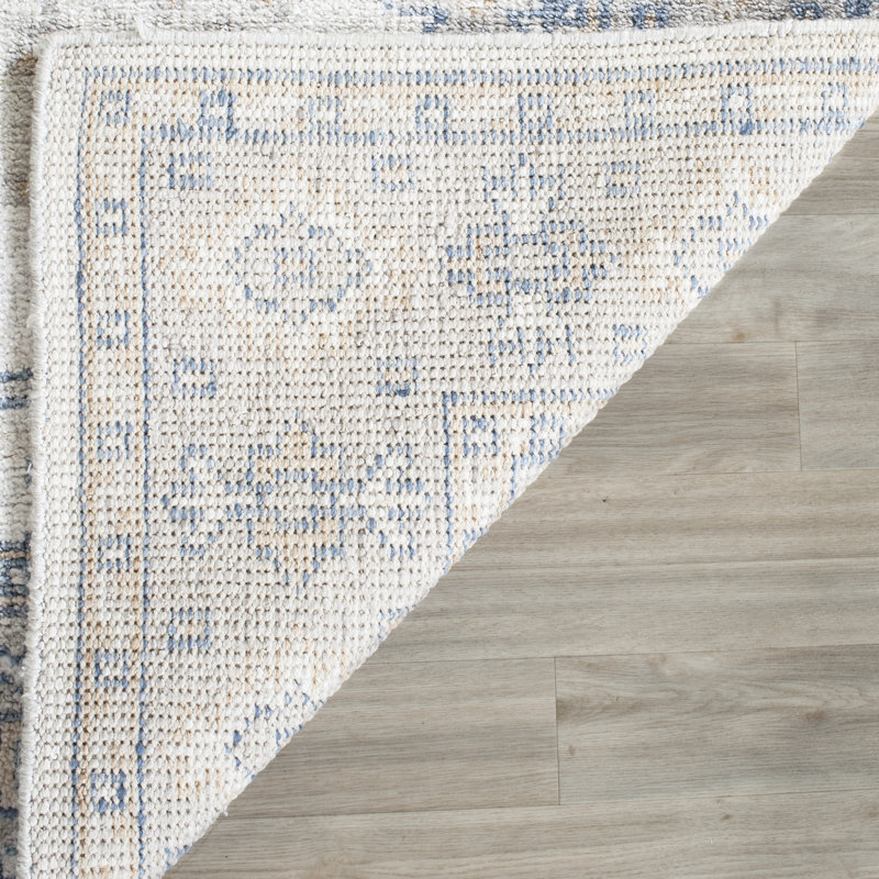 Yassine Hand-Knotted Silk Ivory/Blue Area Rug, Rectangle 4' x 6'