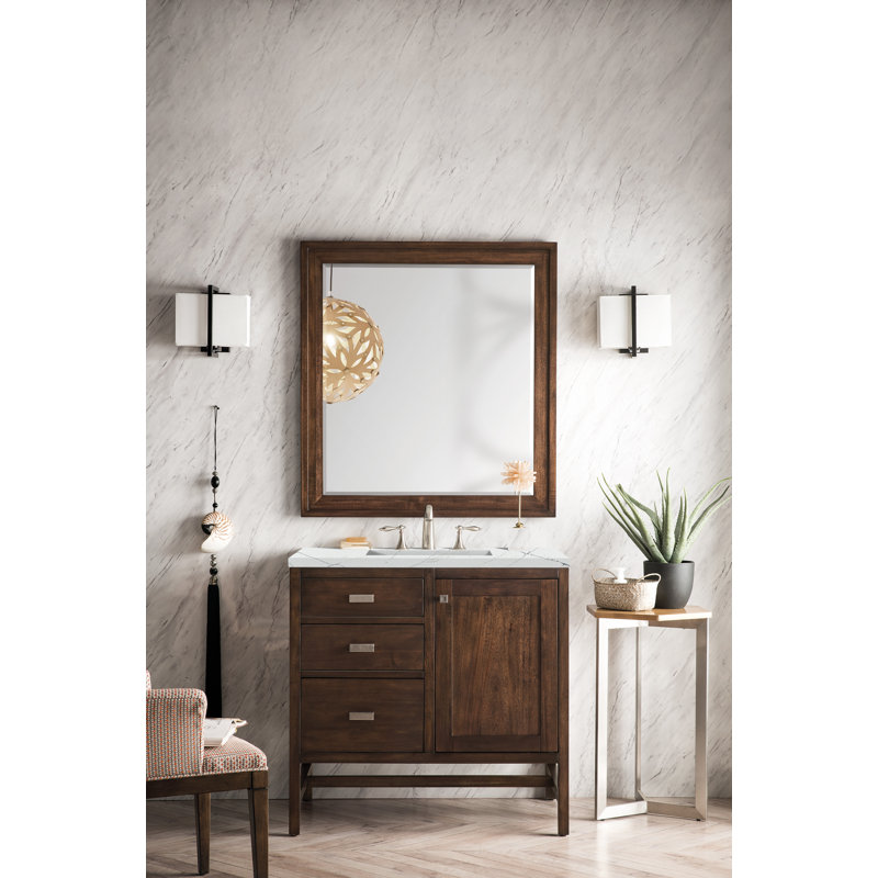 Addison 36'' Single Bathroom Vanity with Quartz Top, Mid-Century Acacia, Ethereal Noctis, 8" Widespread