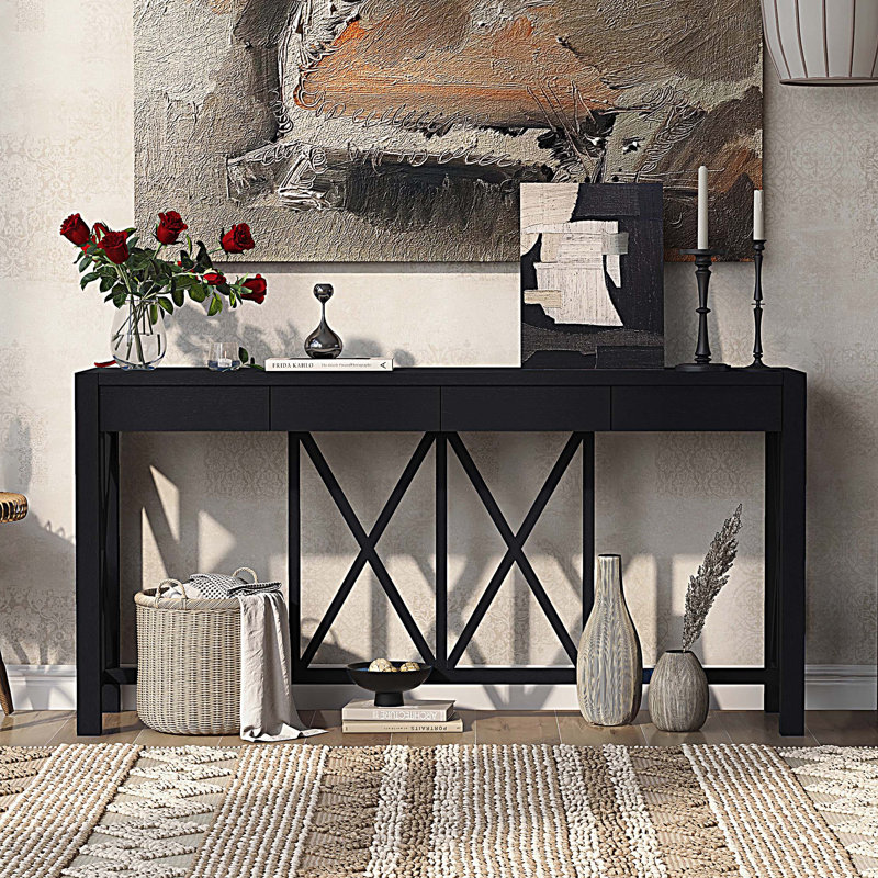 Console avec 4 tiroirs spacieux, table d'entrée Crisscross moderne avec rangement ouvert, Noir