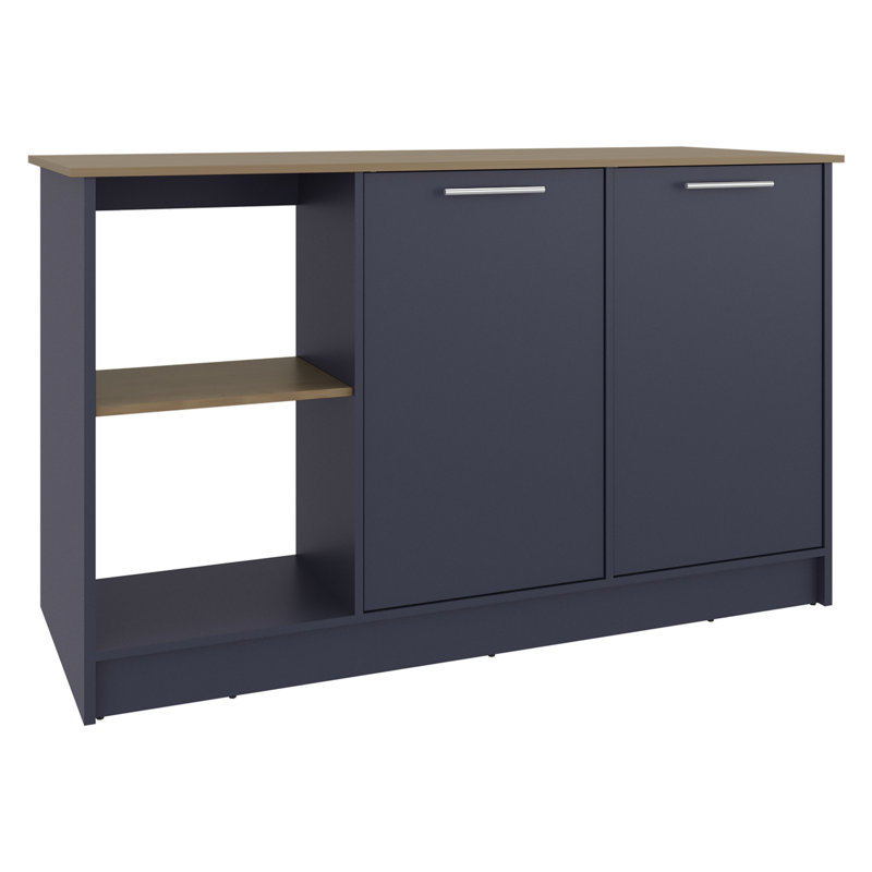 Kitchen Island With Juniper Look, Double Door Cabinetry, Three Open Storage Shelves, Blue And Cream Colors, Particle Board Material, 59.05 Inches Wide Unit, 26.3 Deep Countertop, 35.66 Tall Structure