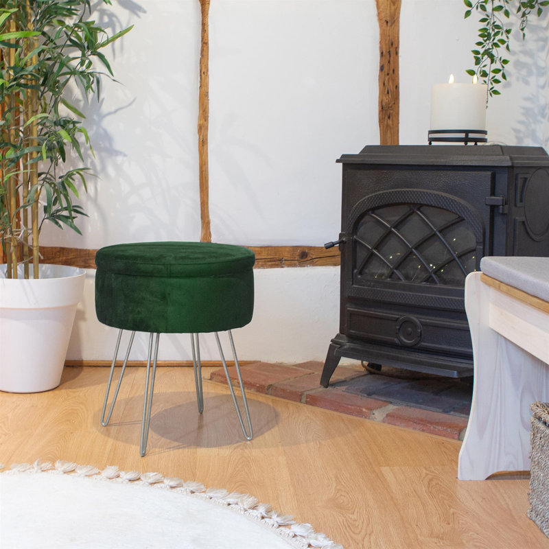 Harbour Housewares Round Velvet Storage Footstools - Pack of 2, Silver, Green