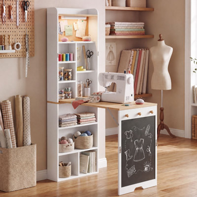 Wall Mounted Folding Desk with Storage Shelves, Magnetic Blackboard, Cork Board & LED Light, Space-Saving Home Office Desk