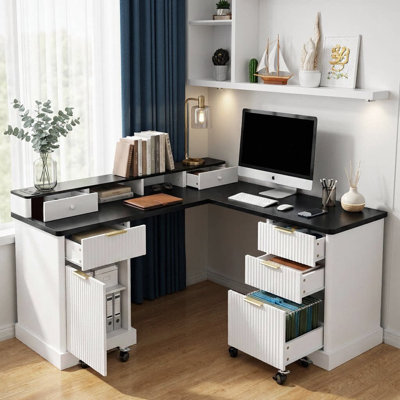 59" L-Shaped Fluted Desk with Power Hub — Ergonomic Grace & Hidden Currents for Your Home Office Sanctuary