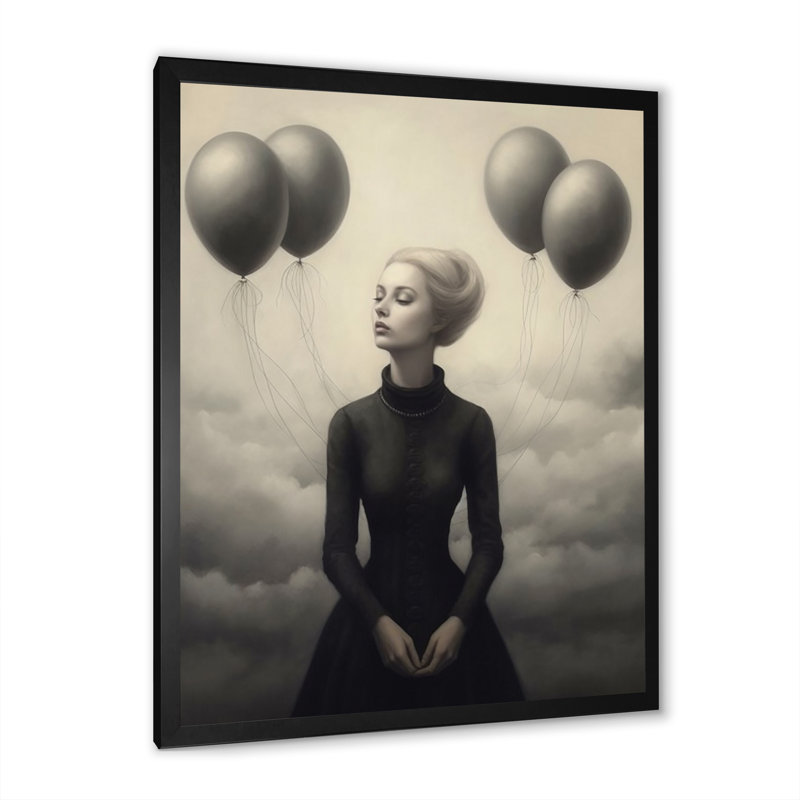 Portrait surréel monochrome avec ballons sur toile, H 20 po x l 12 po x P 1 po, Cadre simple noir