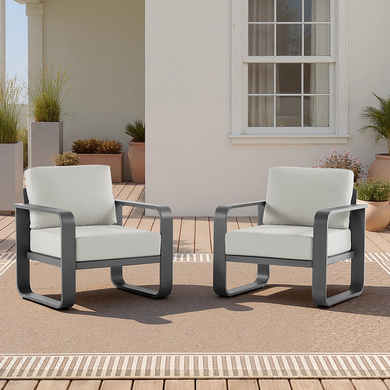 Fauteuil club d'extérieur en aluminium avec coussins, Coussin gris pâle/cadre noir