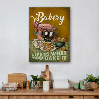 Bakery - Life Is What You Bake Gallery Wrapped Canvas - Baking Illustration Decor, Brown And Pink Kitchen Decor