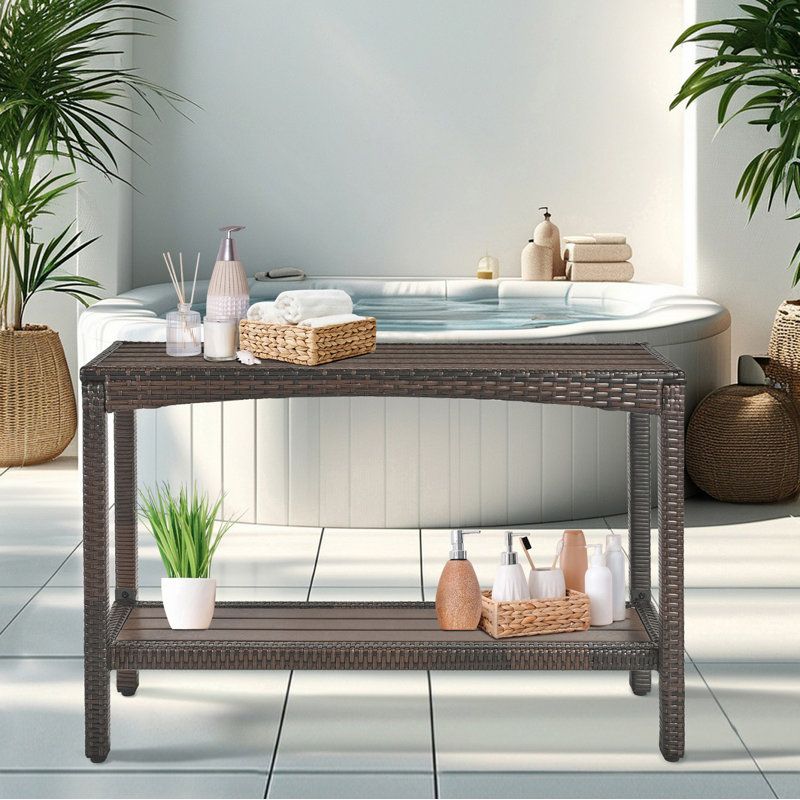 Outdoor Console Table Patio Buffet Bar Storage Organizer 45" Long Wicker Sofa Serving Sideboard Table 2-Shelf Outdoor Bar Table Tall Rectangle Narrow With Adjustable Feet For Entryway Balcony Brown